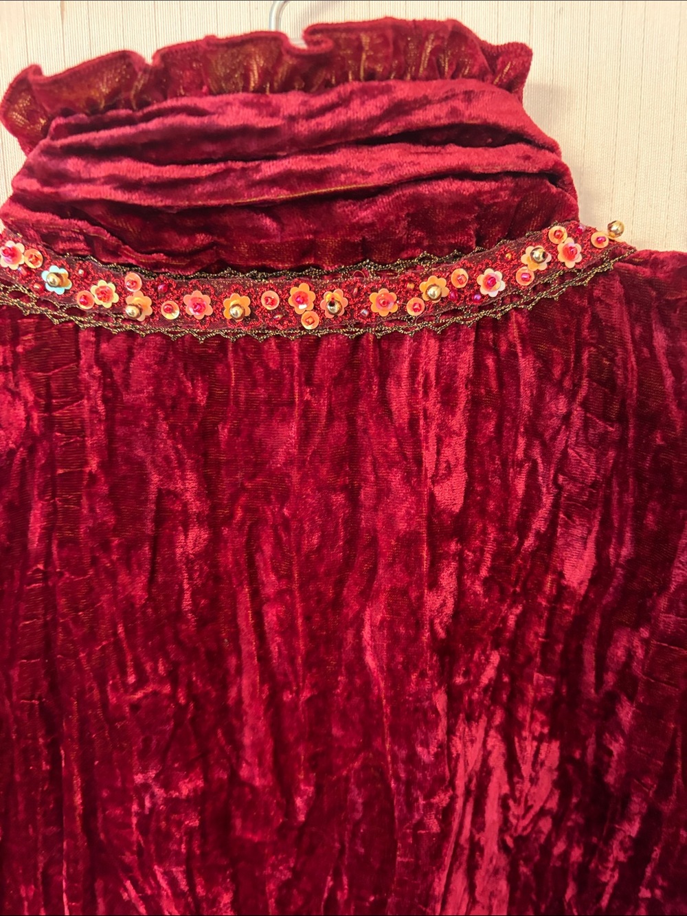 Alberto Makali Red Crushed Velvet Ruffled Blouse with Sequin Trim - Picture 8 of 8